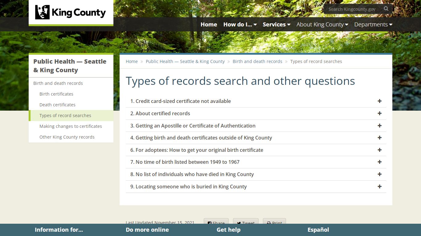 Types of records search and other questions - King County